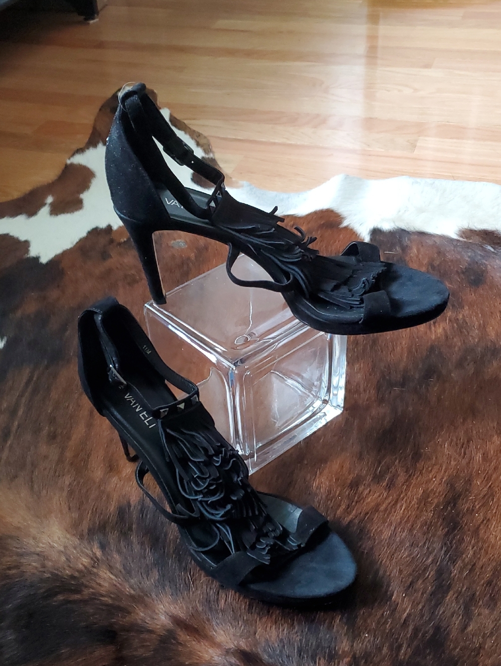 Vaneli Black Suede Fringe Stiletto Sandals with Ankle Strap